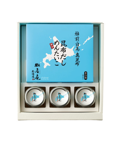 贈答用昆布だしめんたいこ・海鮮珍味3本（三種昆布のめんたいまぶし・苫小牧の北寄貝・函館生イカの北海漬け）ギフト